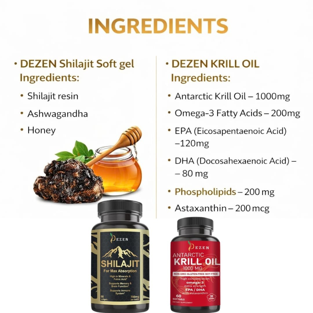 DEZEN Himalayan Shilajit & Krill Oil Softgel Combo with Omega 3