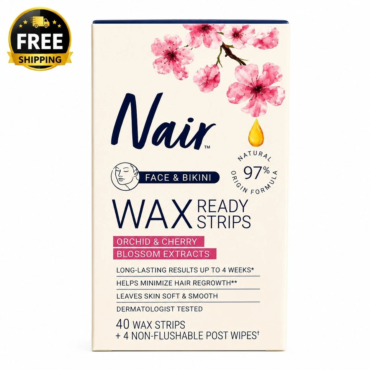 Nair Face Bikini Wax Ready Strips Orchid Cherry Blossom 40ct Hair Removal Kit