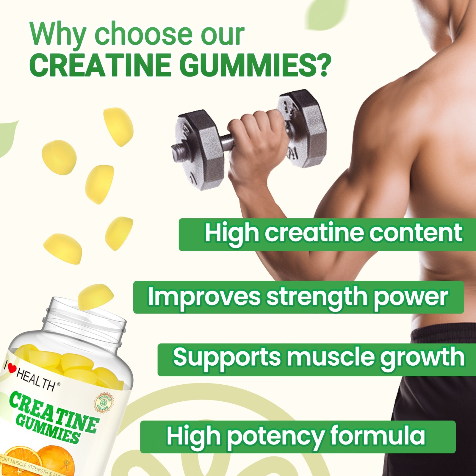 2 Pack Creatine Gummies 1500mg per Serving, Support Muscle Gain, More Strength