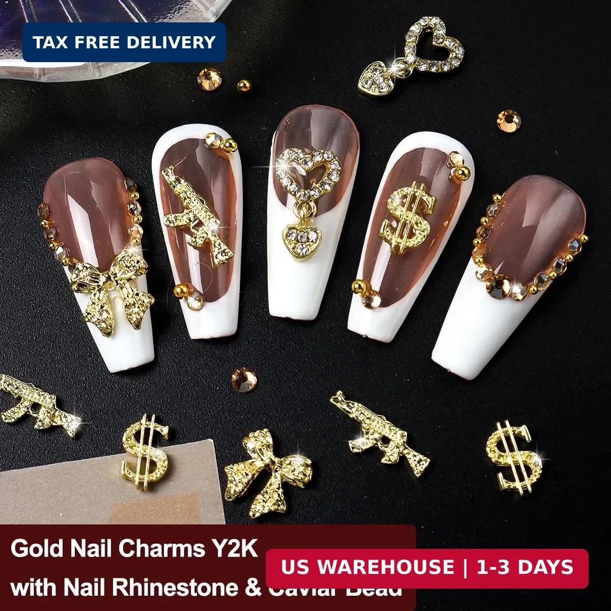 100Pcs Gold Nail Charms and Gems Y2K Nail Charms Bulk 3D Hearts, Dollars, Bow, G