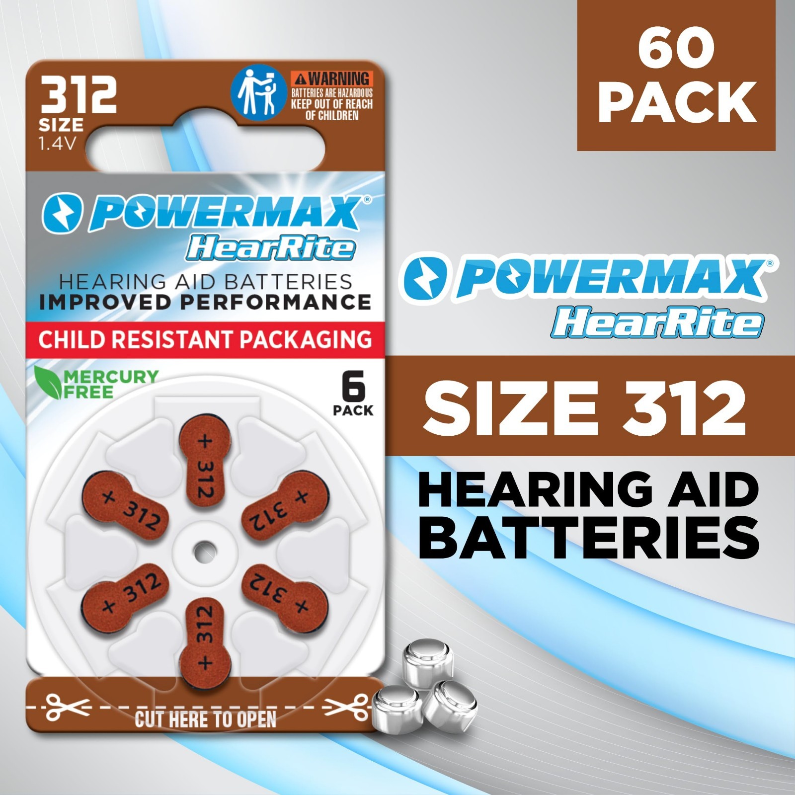 Long-Lasting Hearing Aid Batteries Size 312, 60 Count, Easy Change Brown Tabs