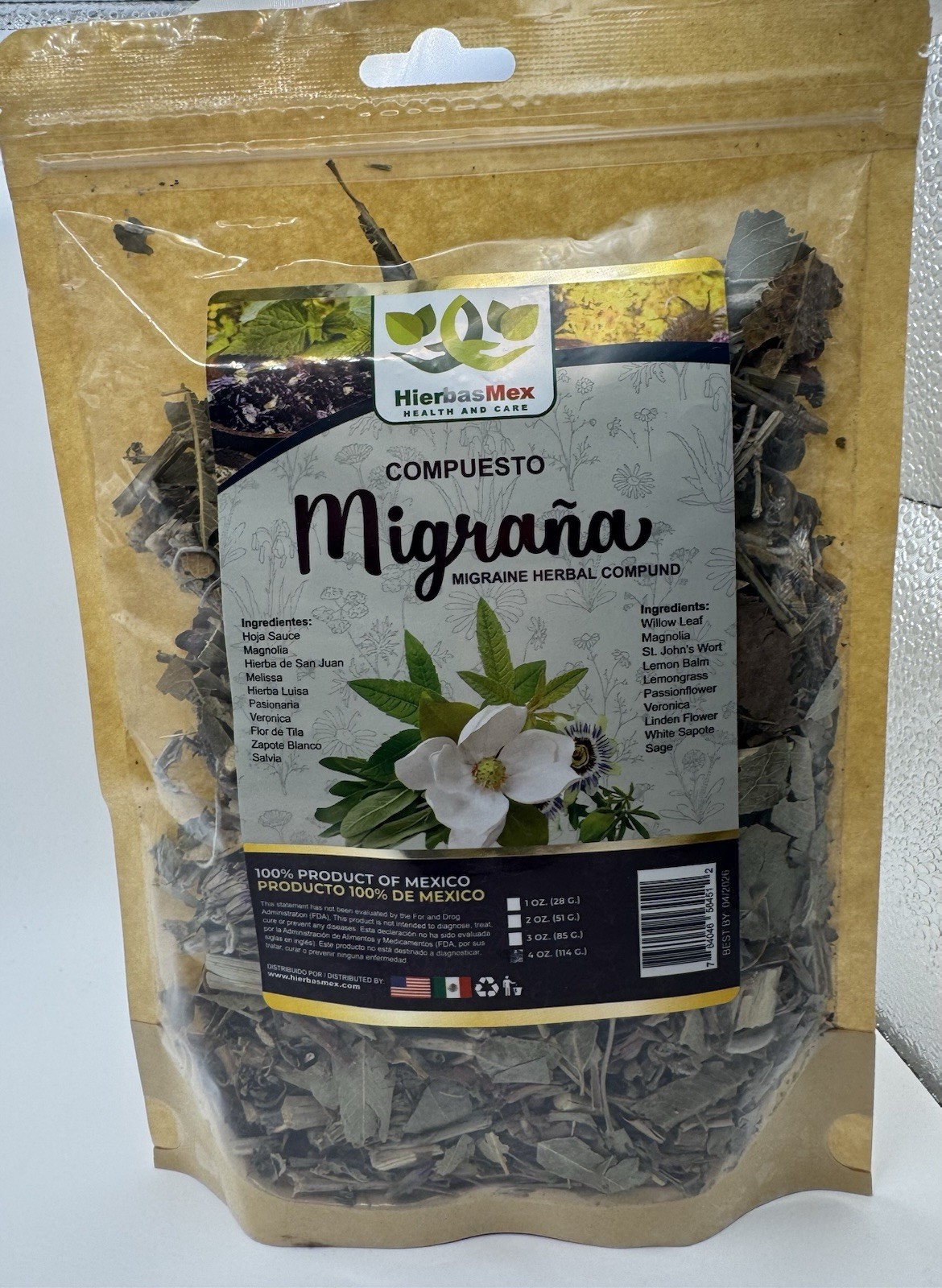 HierbasMex Compuesto Migraña Loose Leaf Herbal Blend 4 oz, Mexico, Willow