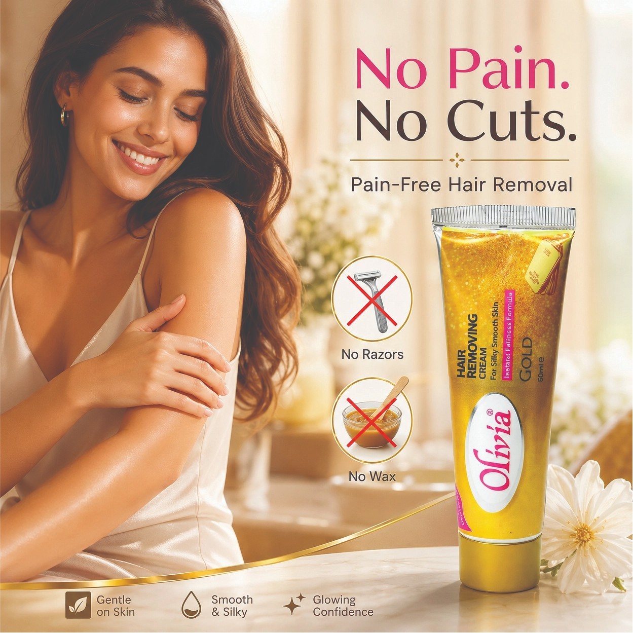 Pack of 12 Olivia Gold Hair Removal Cream 50ml Pain-Free Smooth Skin Care