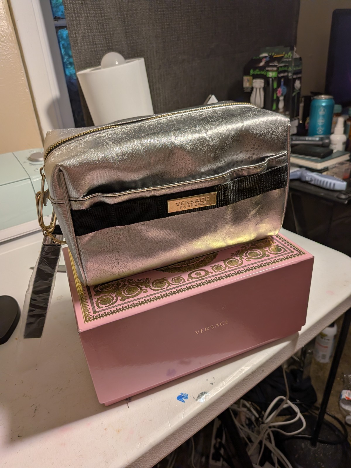 Versace Parfums Silver & Black Makeup Bag Pouch with Zipper Closure