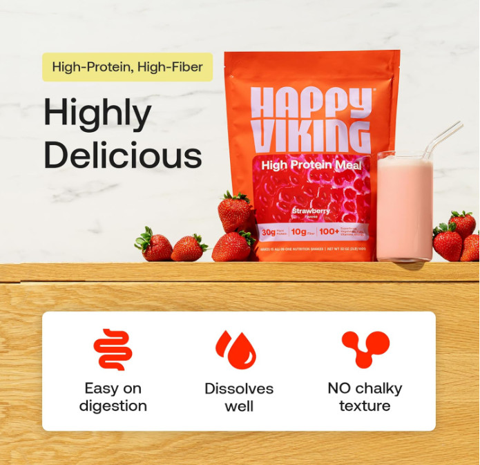 Happy Viking Plant-Based Protein Shake, Strawberry, 15 Meals, 30g Protein