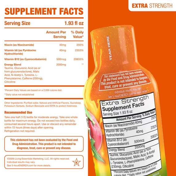5-hour ENERGY Shot, Extra Strength Peach Mango Flavor, 15 Count