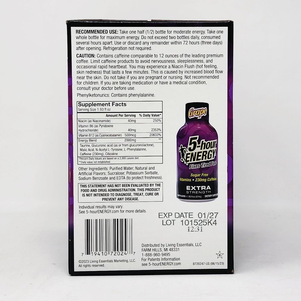 5-hour ENERGY Extra Strength 1.93 fl.oz Grape Flavor Drink 24 Pk Exp: 10/26
