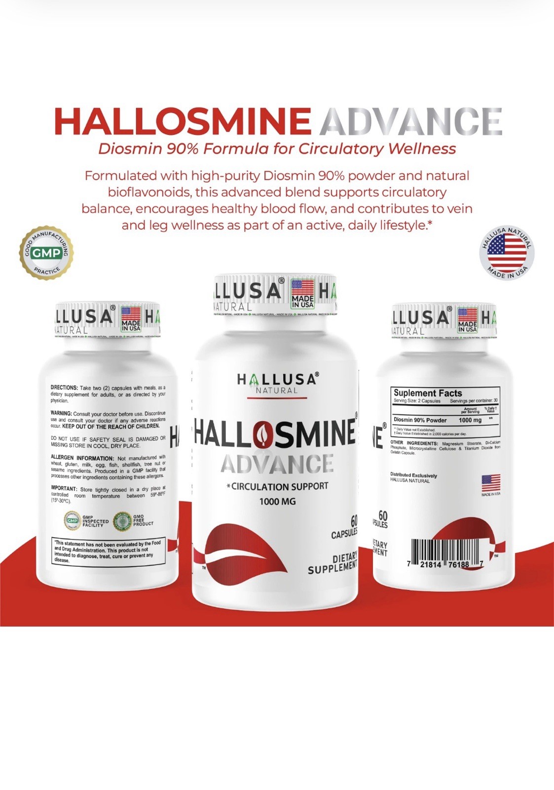 Hallusa Natural Hallosmine Advance 1000mg Diosmin 60 ct + FREE Leg Cream 4 oz
