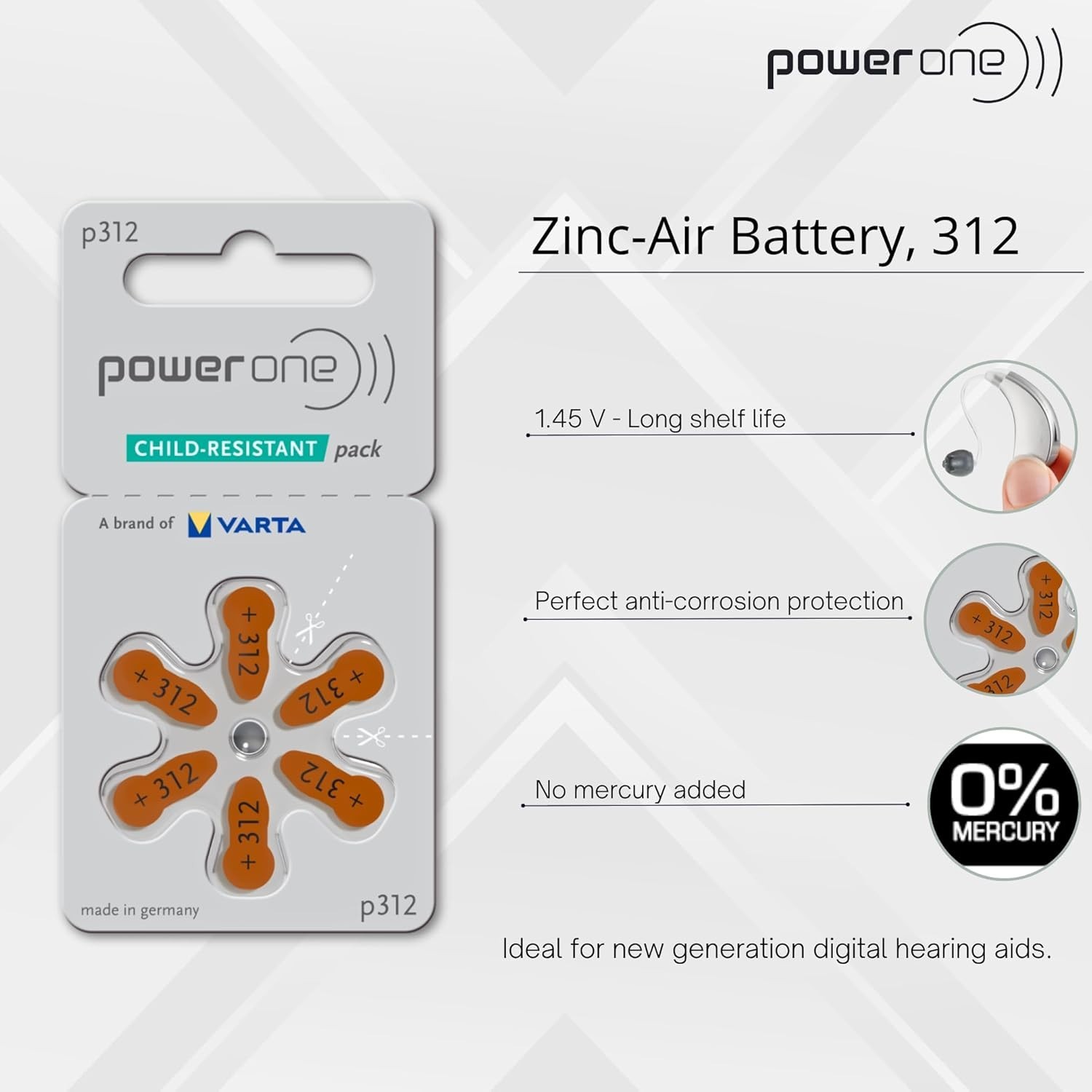 60 Powerone size 312 Hearing Aid Batteries, Made Germany, 60 Batteries Exp 2029