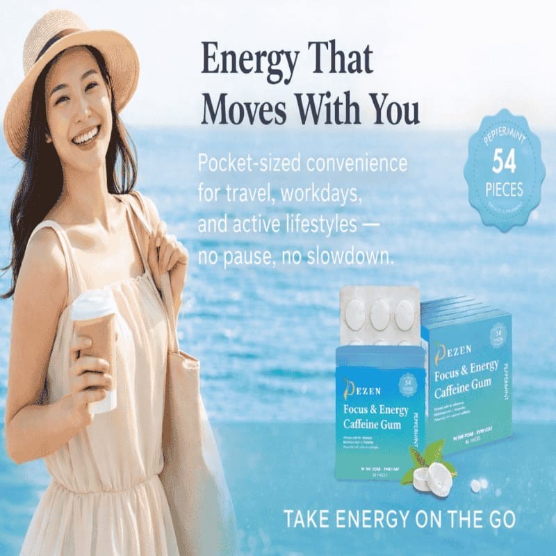 DEZEN Caffeine Gum 54 Pcs Peppermint Energy Mint Focus Boost