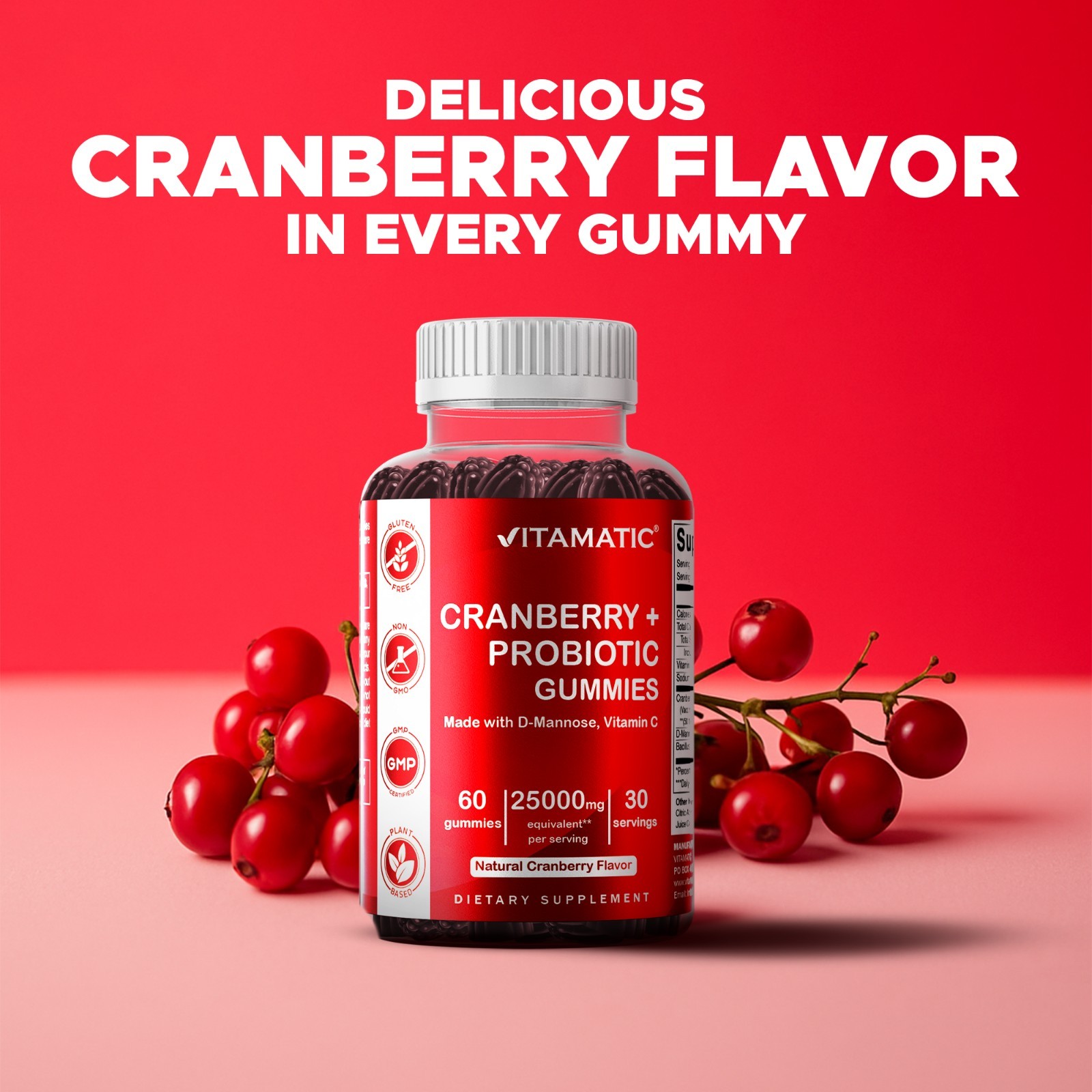 2 Pack – Vitamatic Vegan Cranberry Gummies, 1000mg per Serving 60 Count