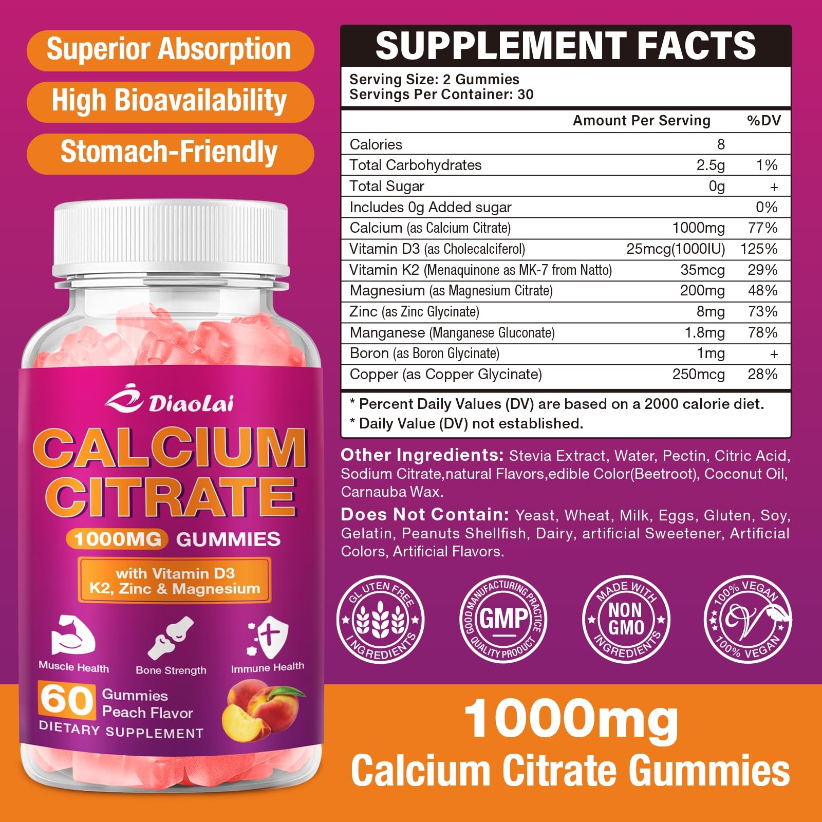 2 Pack Calcium Citrate Gummies – 1000mg per Serving – Supports Bone & Teeth H…