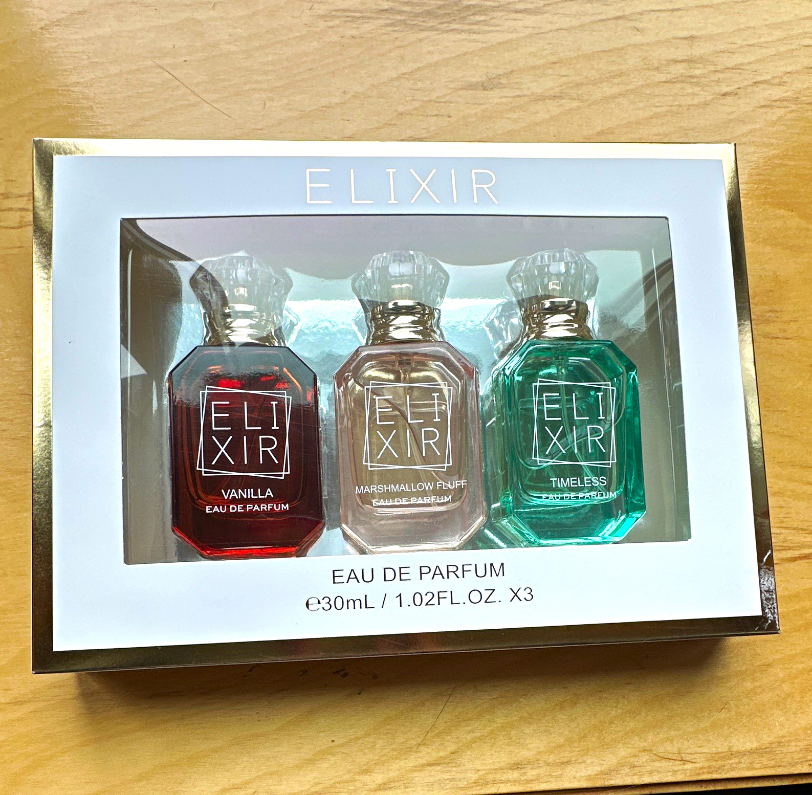 Elixir Eau de Parfum Spray Gift Set Vanilla Marshmallow Fluff Timeless 1.02oz x3