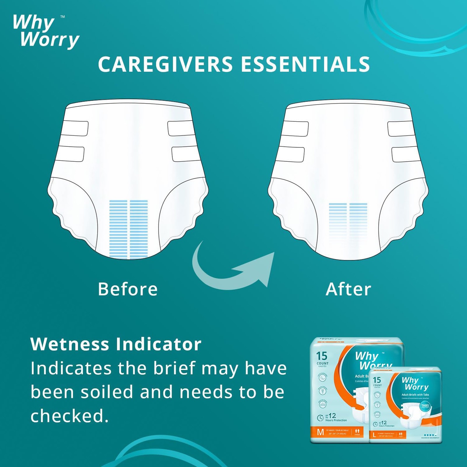 WhyWorry Disposable Adult Unisex Diapers with Tabs, Max Absorb, Medium, 15 Count