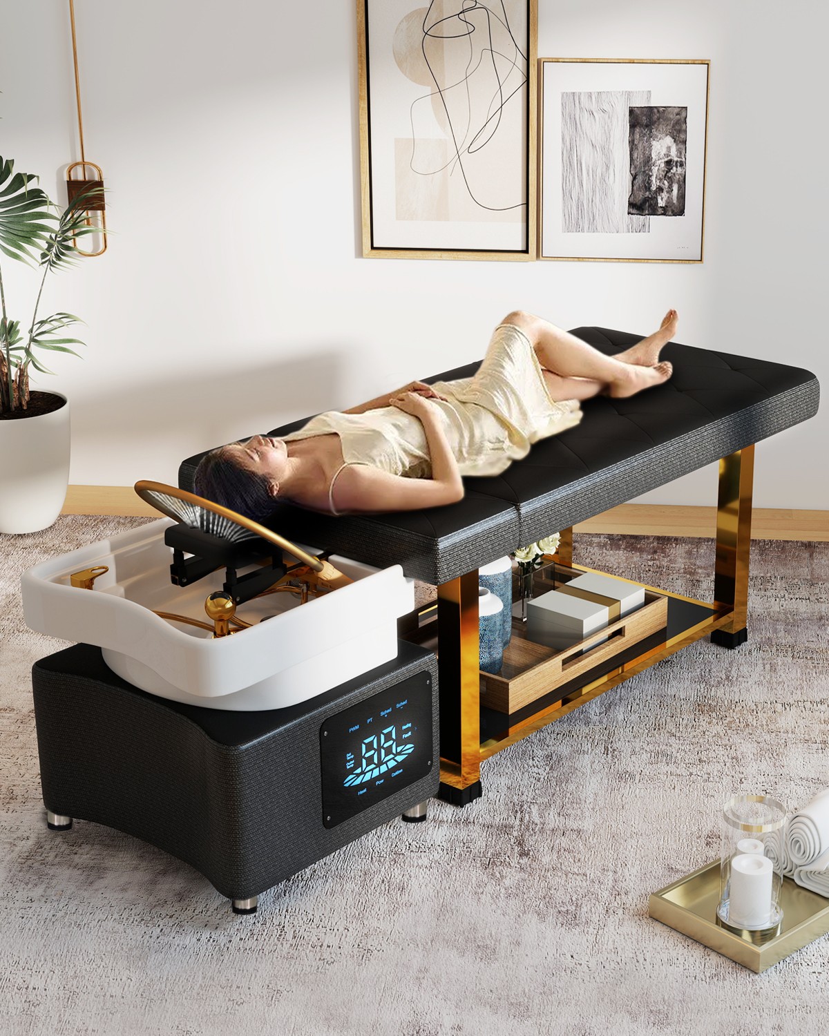 Backwash Head Spa Shampoo Bowl Massage Bed Salon w/Water Cycle,LED Light Therapy