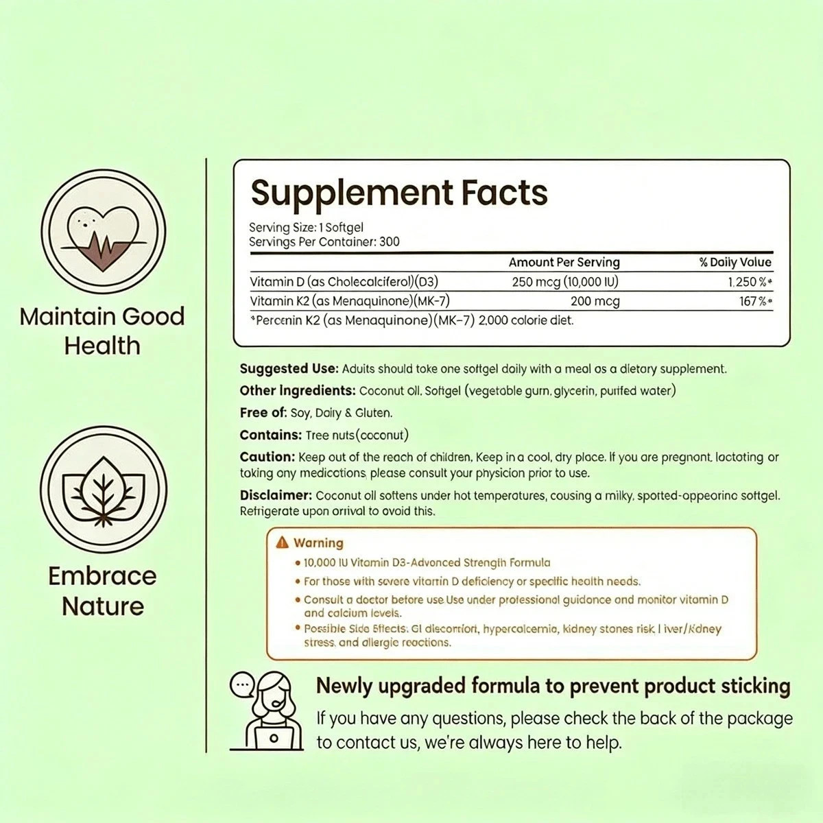 VEV D3 K2 10000 IU Softgels with Coconut Oil, 2-in-1 Vitamin Support 300 Ct