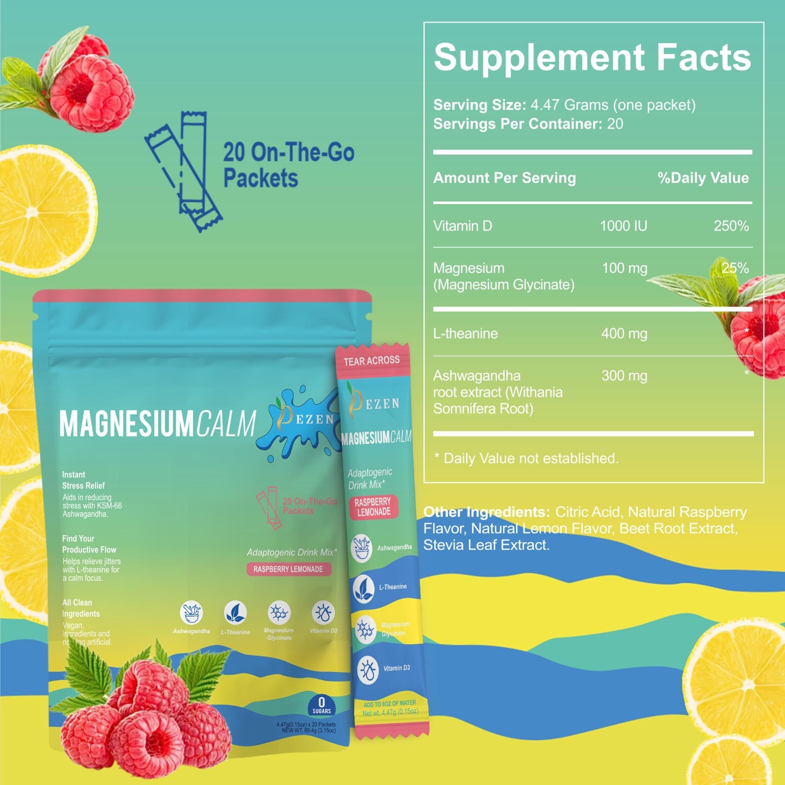 DEZEN Super Calm Magnesium Powder Drink Mix Raspberry Lemonade Flavor, 20 Sachet
