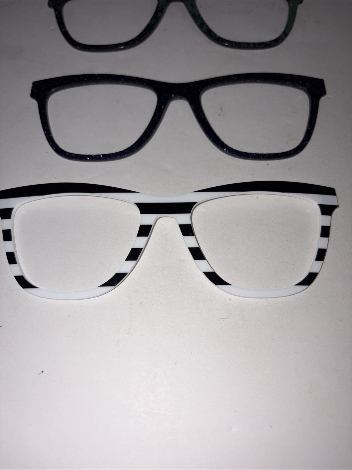 3 Pair eyewear toppers Harper Purple White Black Strip Green Black W/case