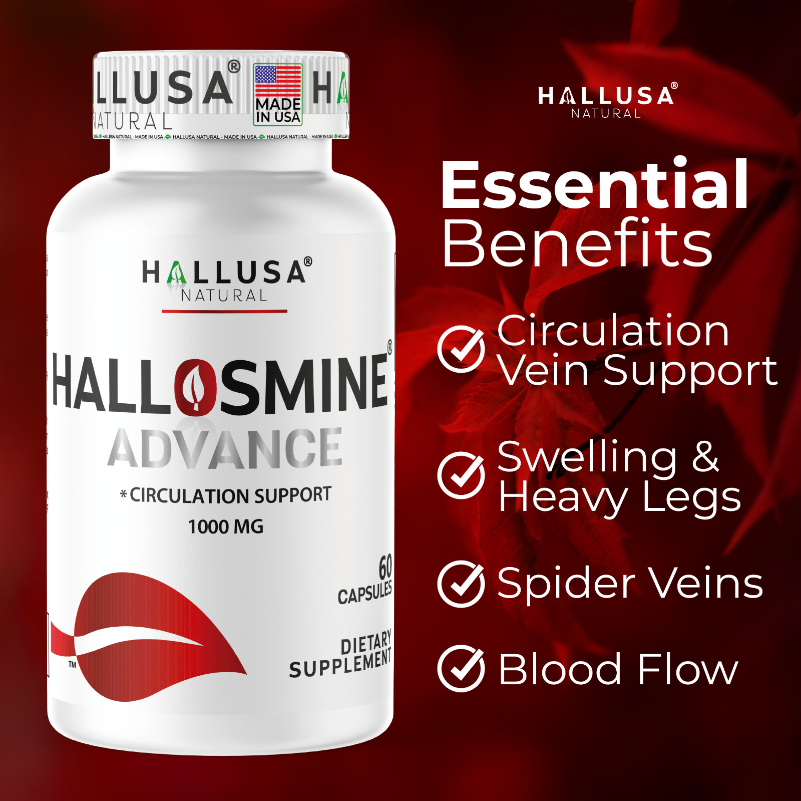 Hallosmine ADVANCE Diosmin 1000mg + FREE Cream for Veins 4 oz – 60 Capsules