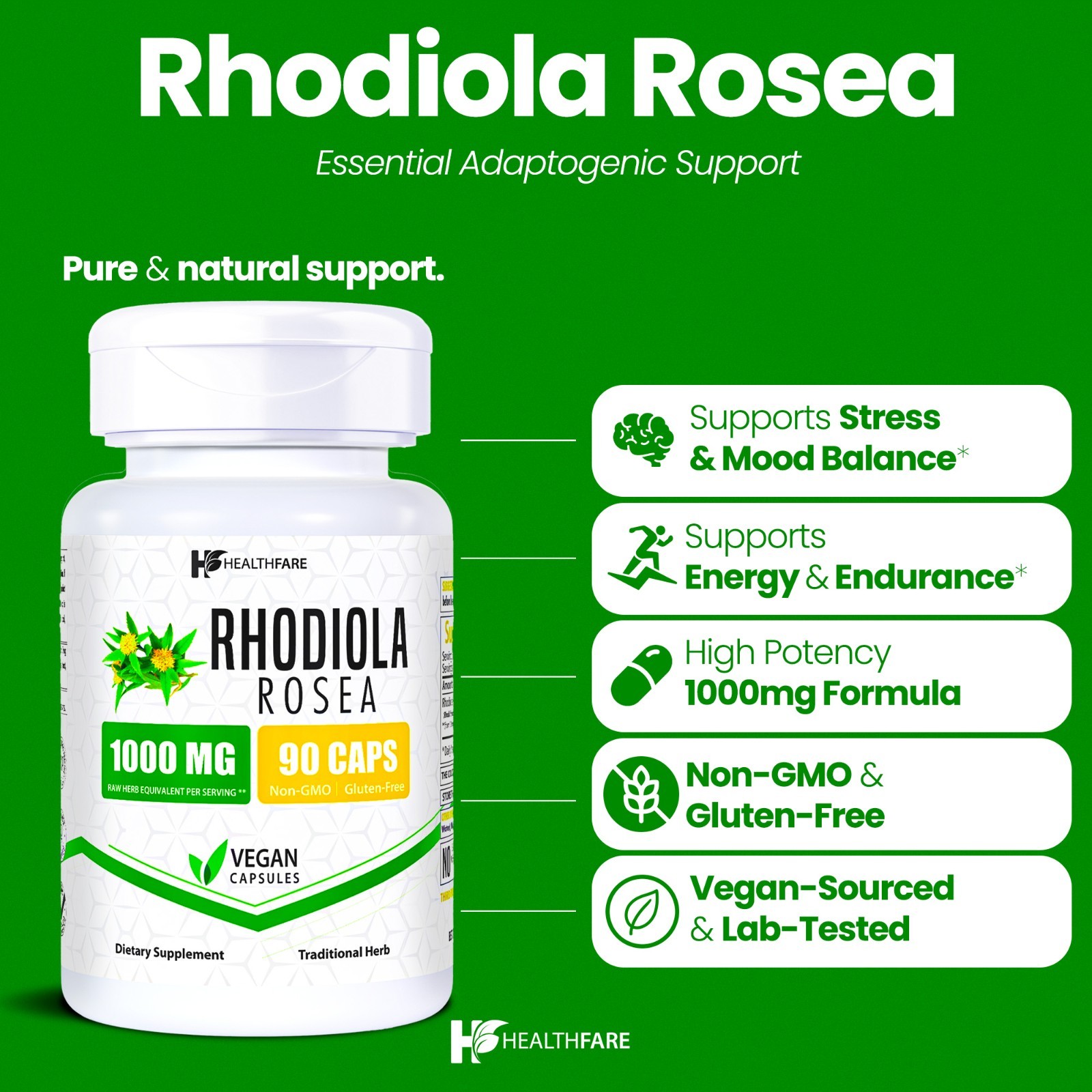 Healthfare Rhodiola Rosea Capsules 1000mg Equivalent | 90 Vegan Capsules