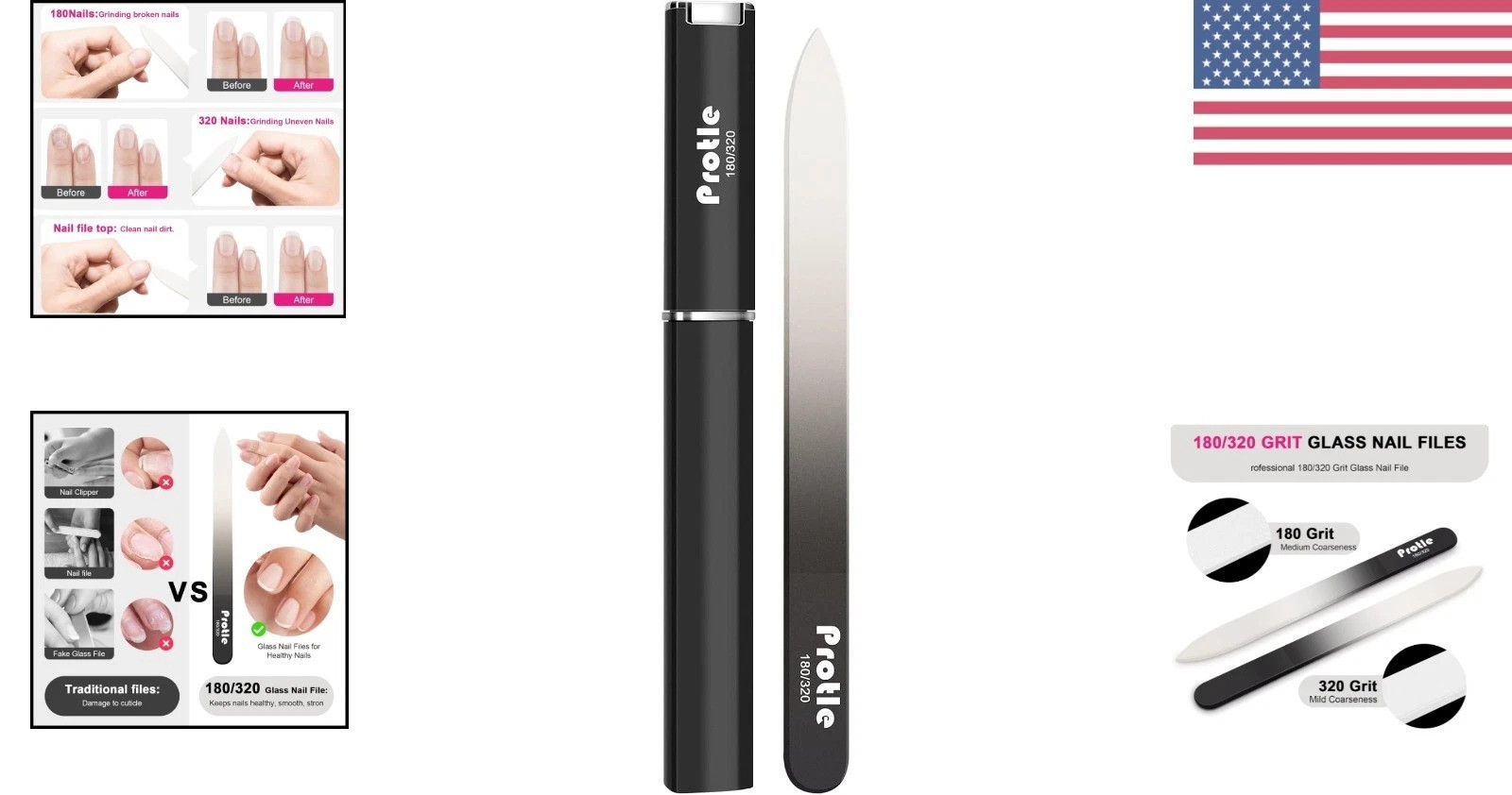 Luxury Crystal Glass Nail File Set, Double-Sided 180/320, Black Case Included