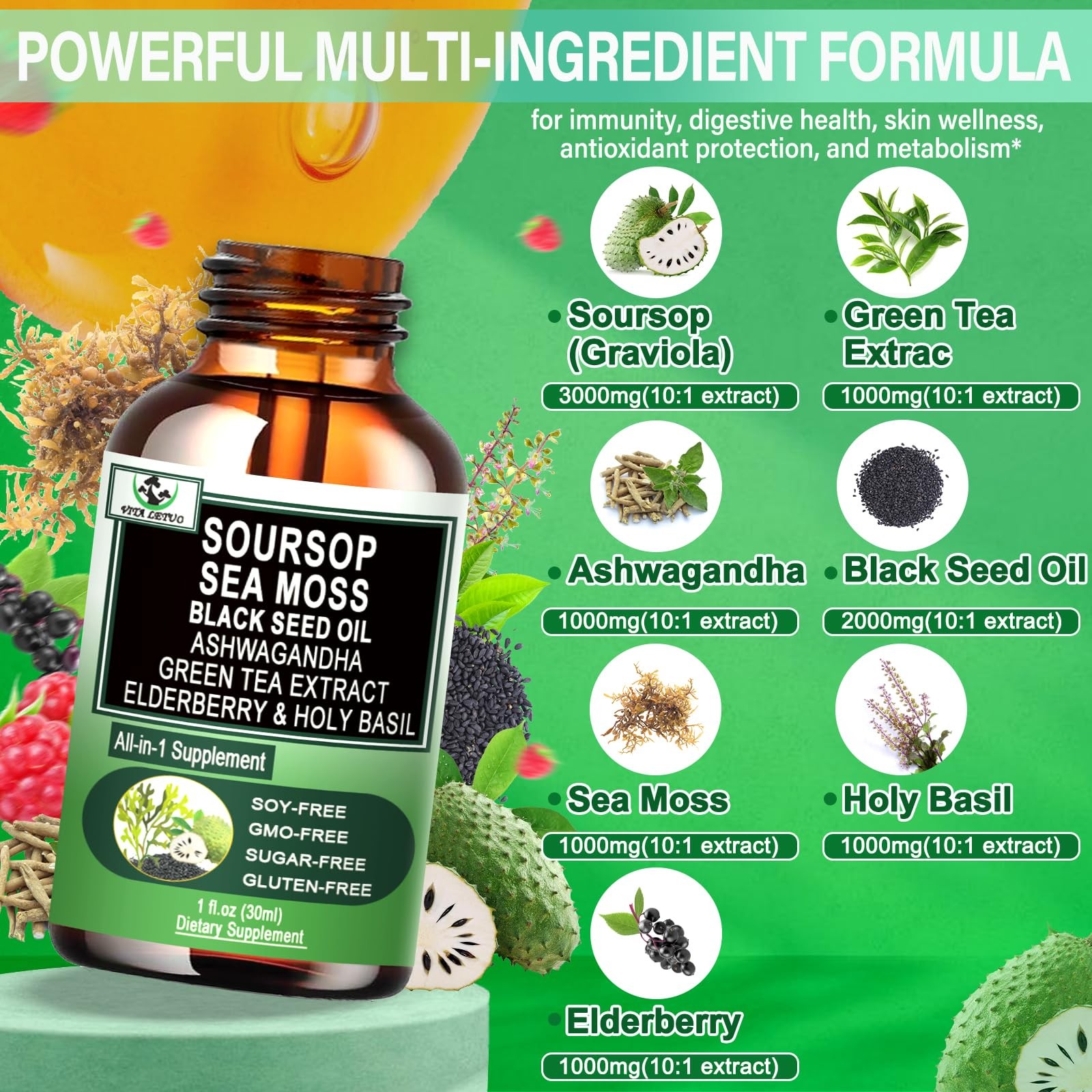 Soursop Drops,Soursop Bitters Liquid with Sea Moss Black Seed Oil Green Tea Extr
