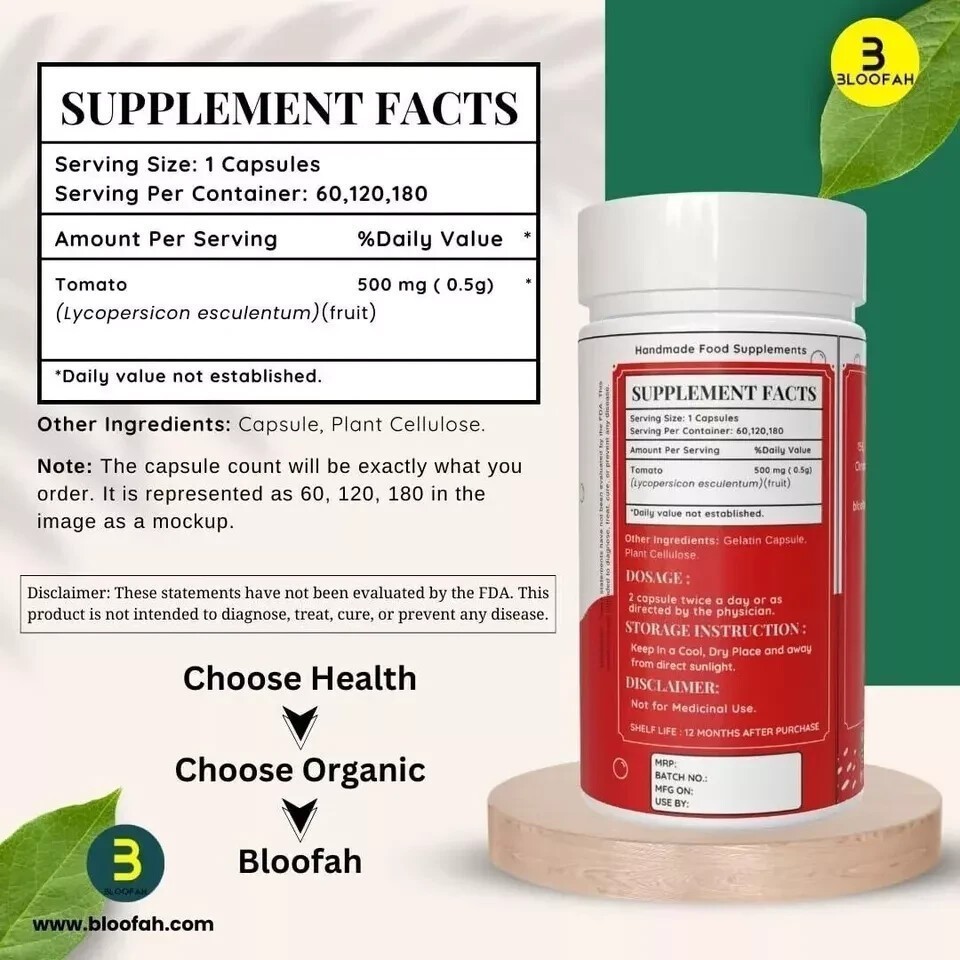 Bloofah Tomato Fruit Capsules (Lycopene) 500mg 120 Count Vegan Gluten WORLDWIDE