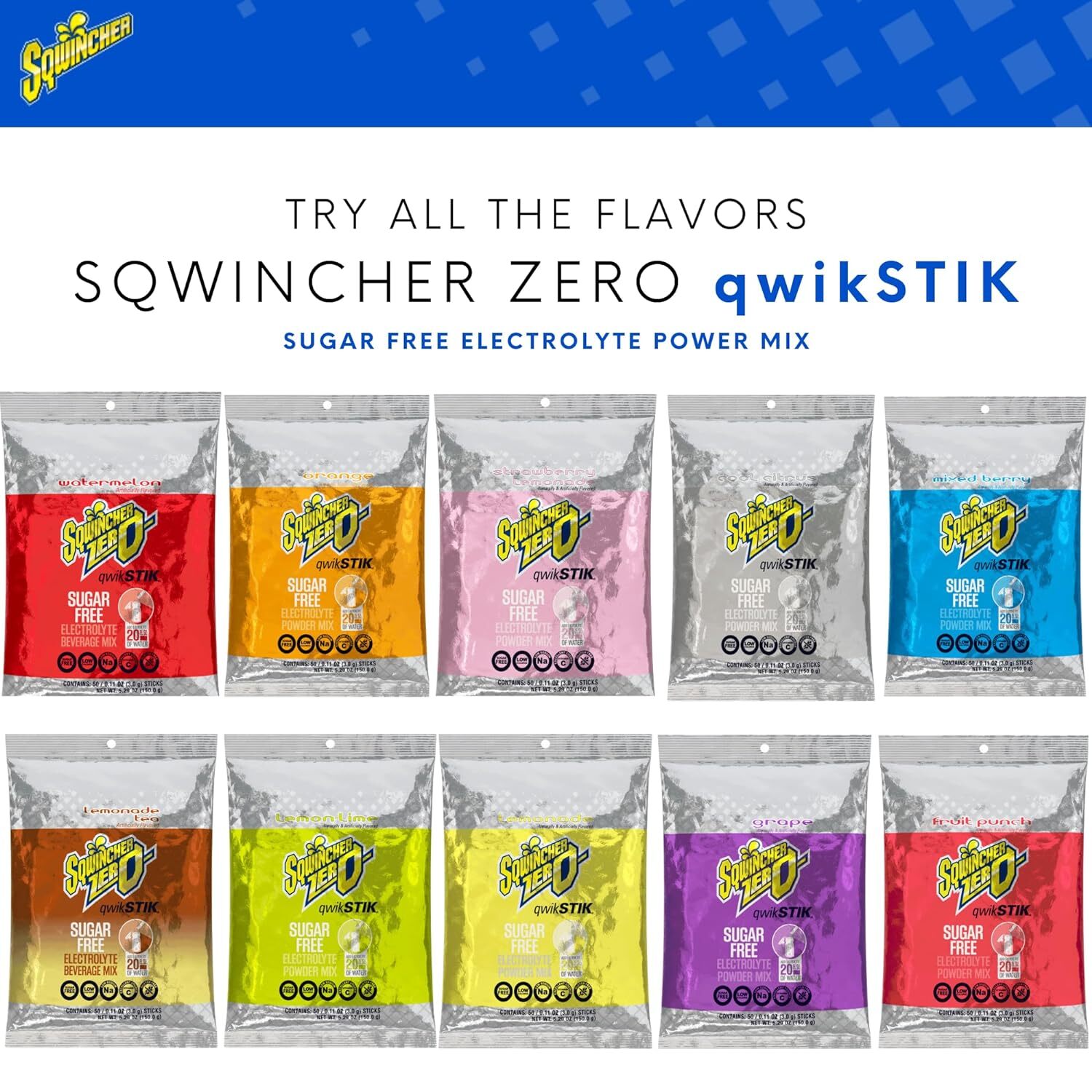 Sqwincher Qwik Stik Sugar Free Electrolyte Powdered Mix Hydration Sticks 50 PK