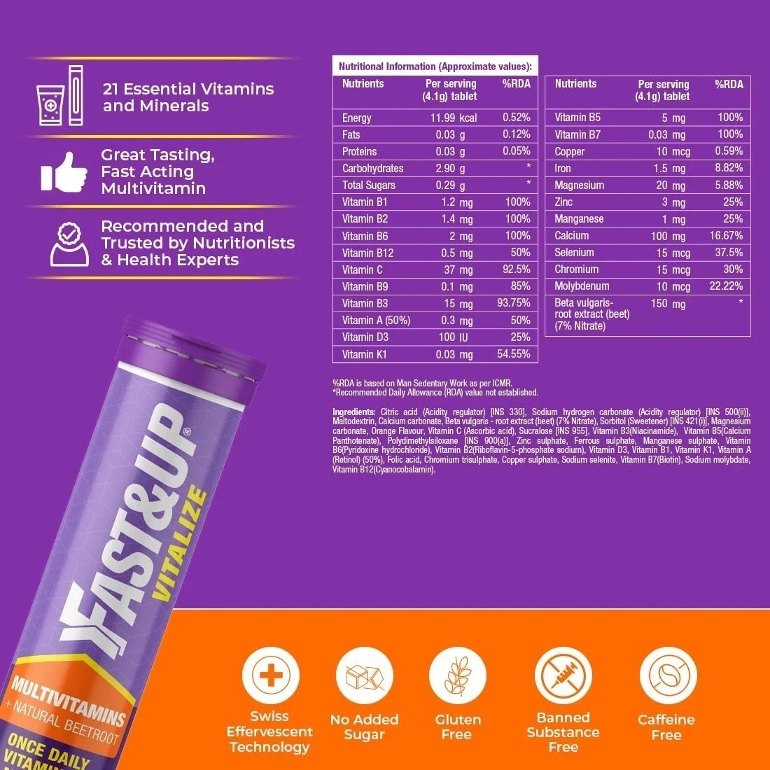 Fast&Up Vitalize Immunity Essential Multivitamin For Men & Women(Orange Flavor)