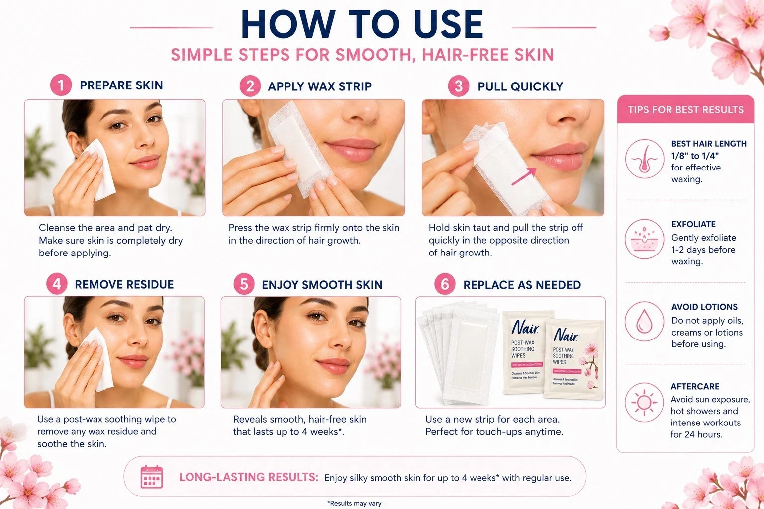 Nair Face Bikini Wax Ready Strips Orchid Cherry Blossom 40ct Hair Removal Kit