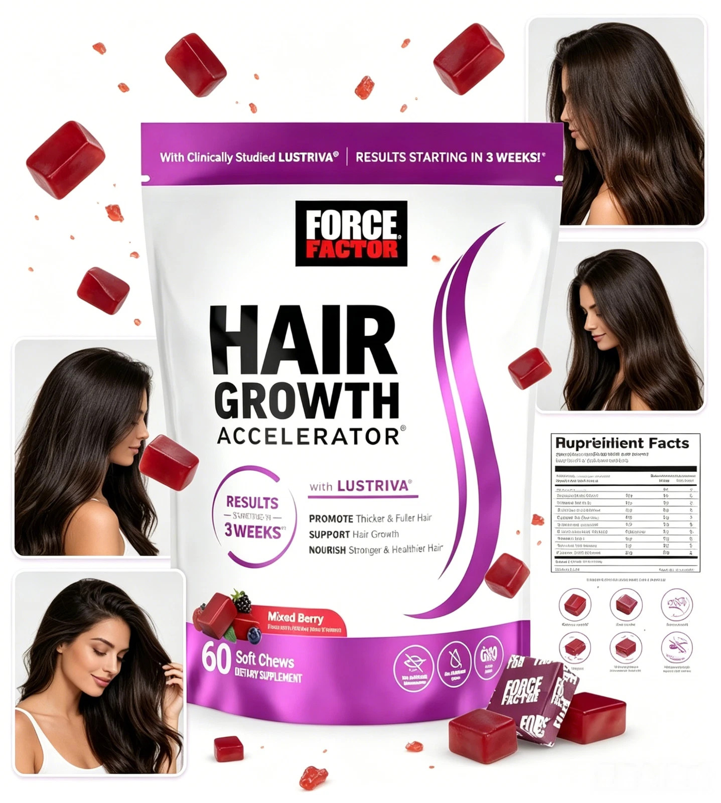 Force Factor Hair Growth Chews Biotin Lustriva Men Women Thick Full Hair 60ct
