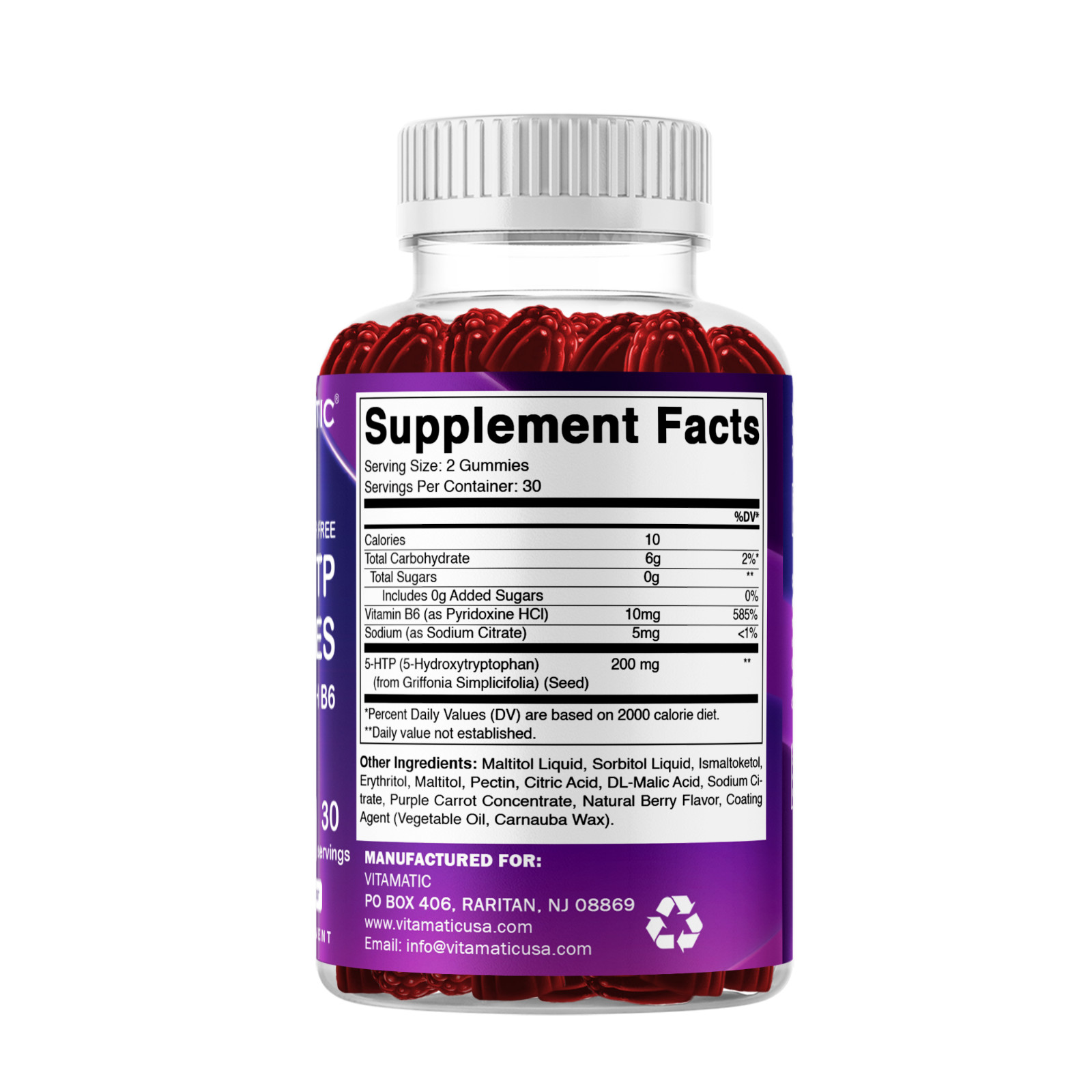 2 Pack Vitamatic Sugar Free 5-HTP 200mg Gummies with B6 per Serving – 60 Gummies