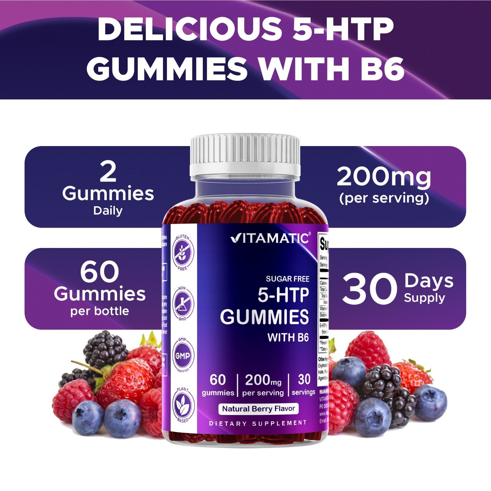 2 Pack Vitamatic Sugar Free 5-HTP 200mg Gummies with B6 per Serving – 60 Gummies