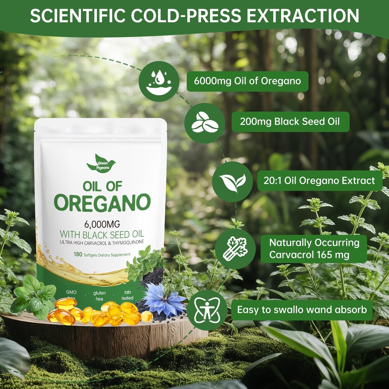 Green Pigeons Oil of Oregano with Black Seed Oil, 180 Count Capsules