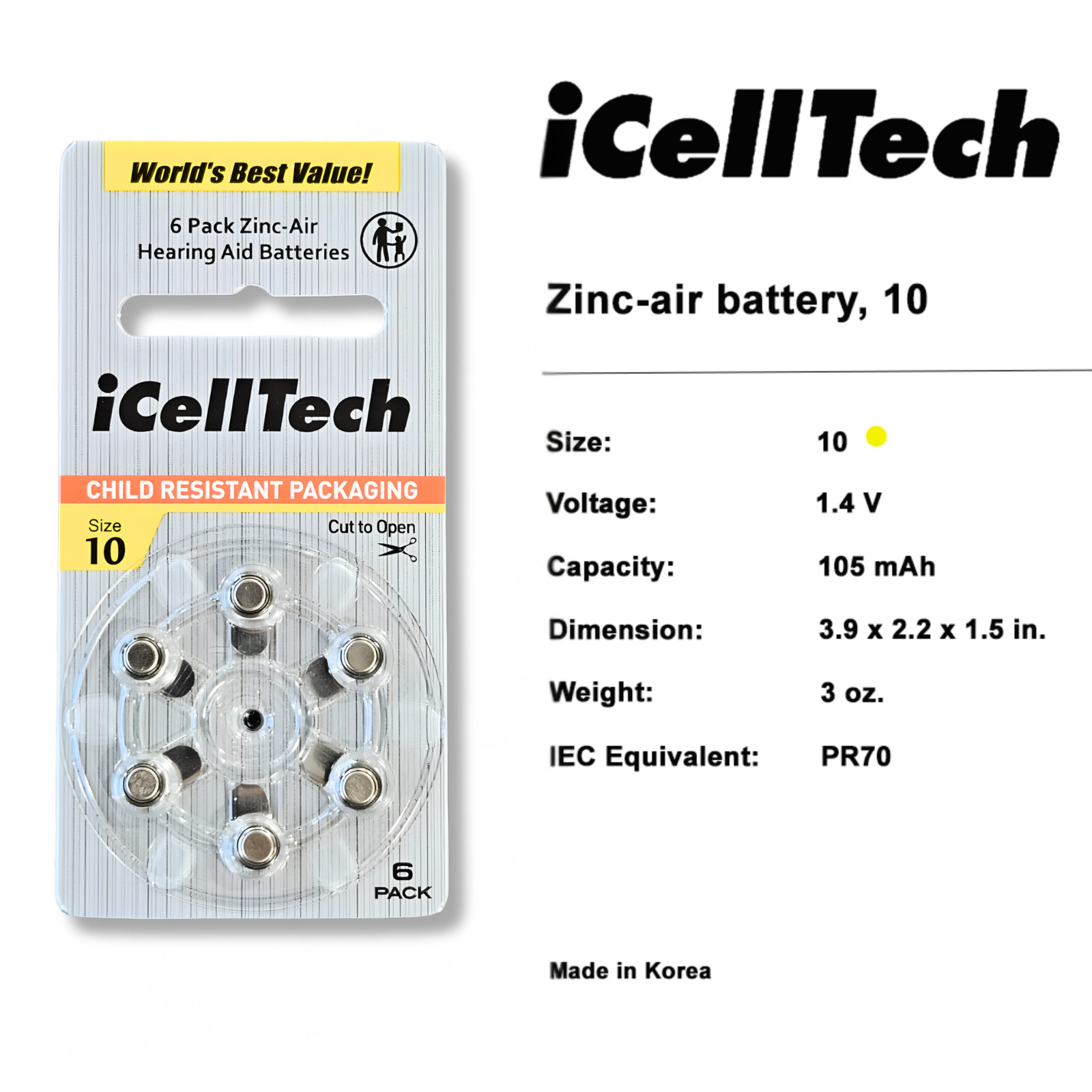 iCellTech Hearing Aid Batteries Size 10 (60 Pack) + Free Battery Buddy
