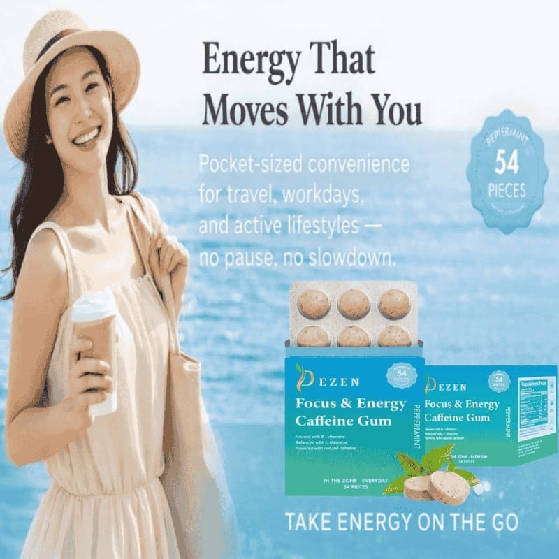DEZEN Caffeine Energy Mint Gum Peppermint Flavor, 54 Pieces Fast Energy Boost