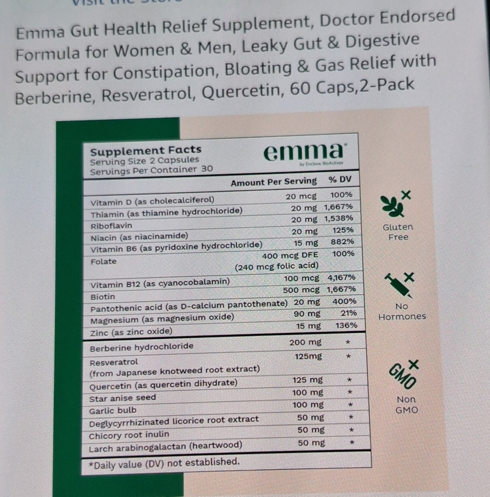 2 Pack Emma Gut Health Supplement 180 Capsules for Bloating Relief & Leaky Gut