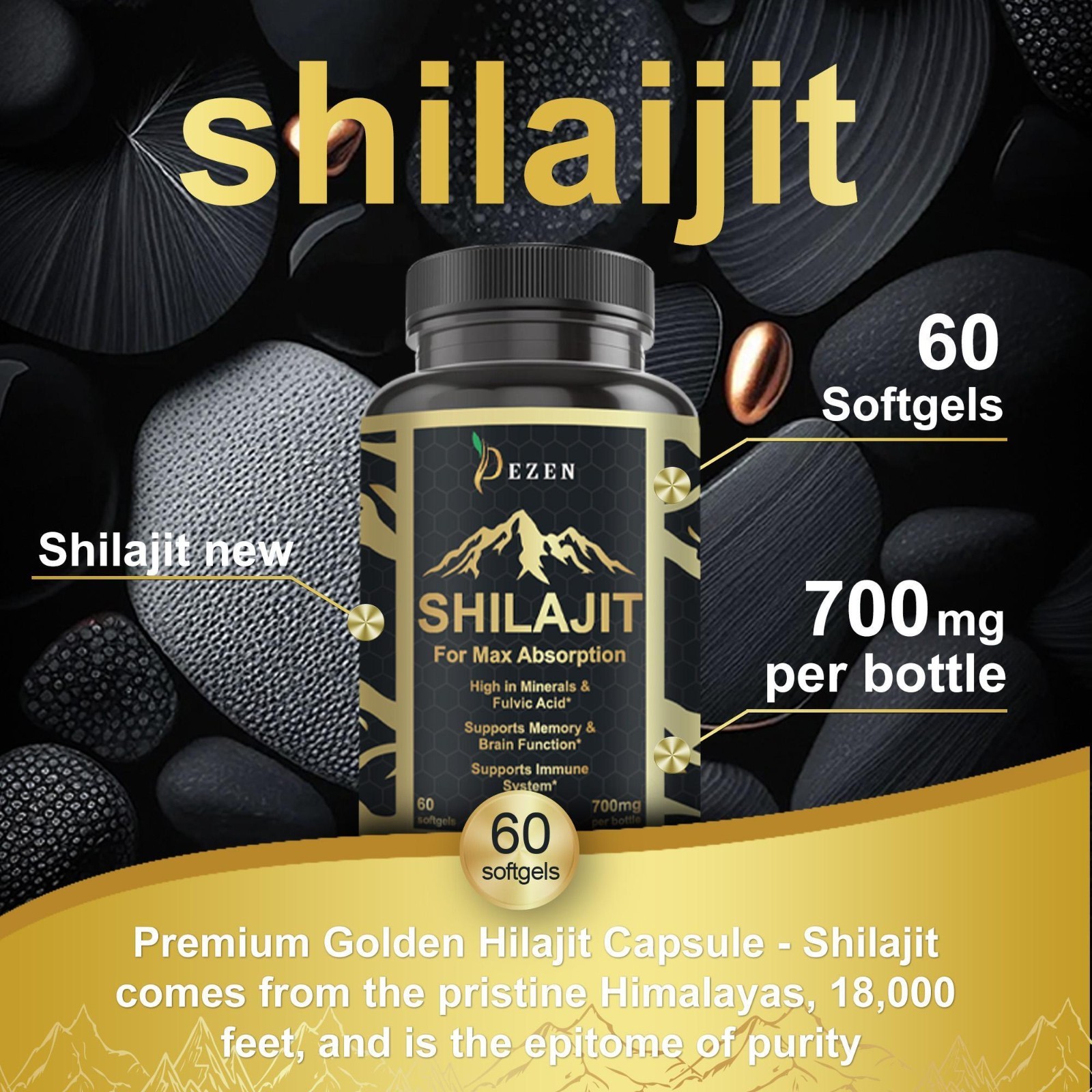 DEZEN Pure Himalayan Shilajit Softgel 60 Count Each Bottle