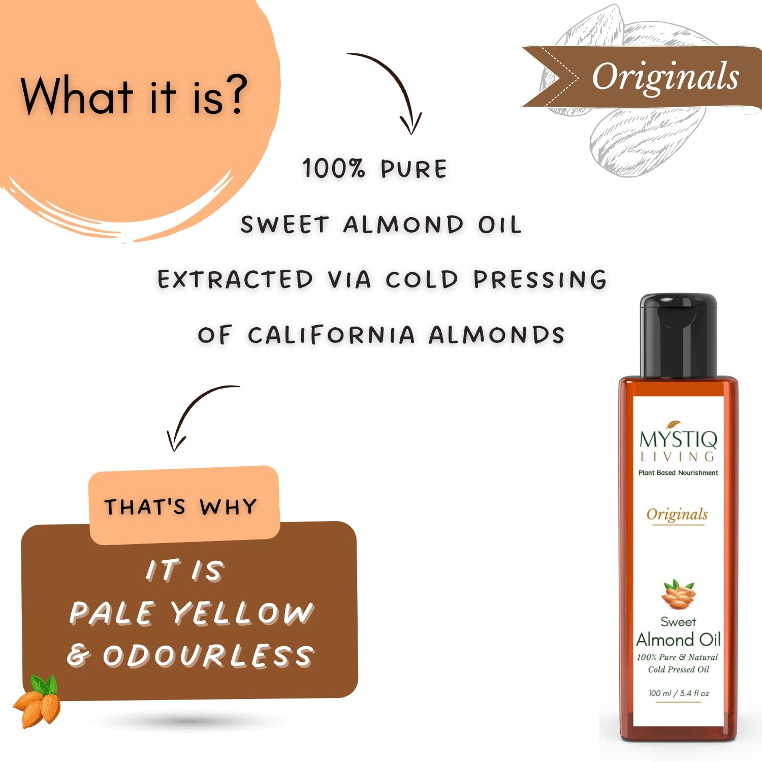 Mystiq Living Sweet Almond Oil For Glowing Skin And Smooth Hair 100ml