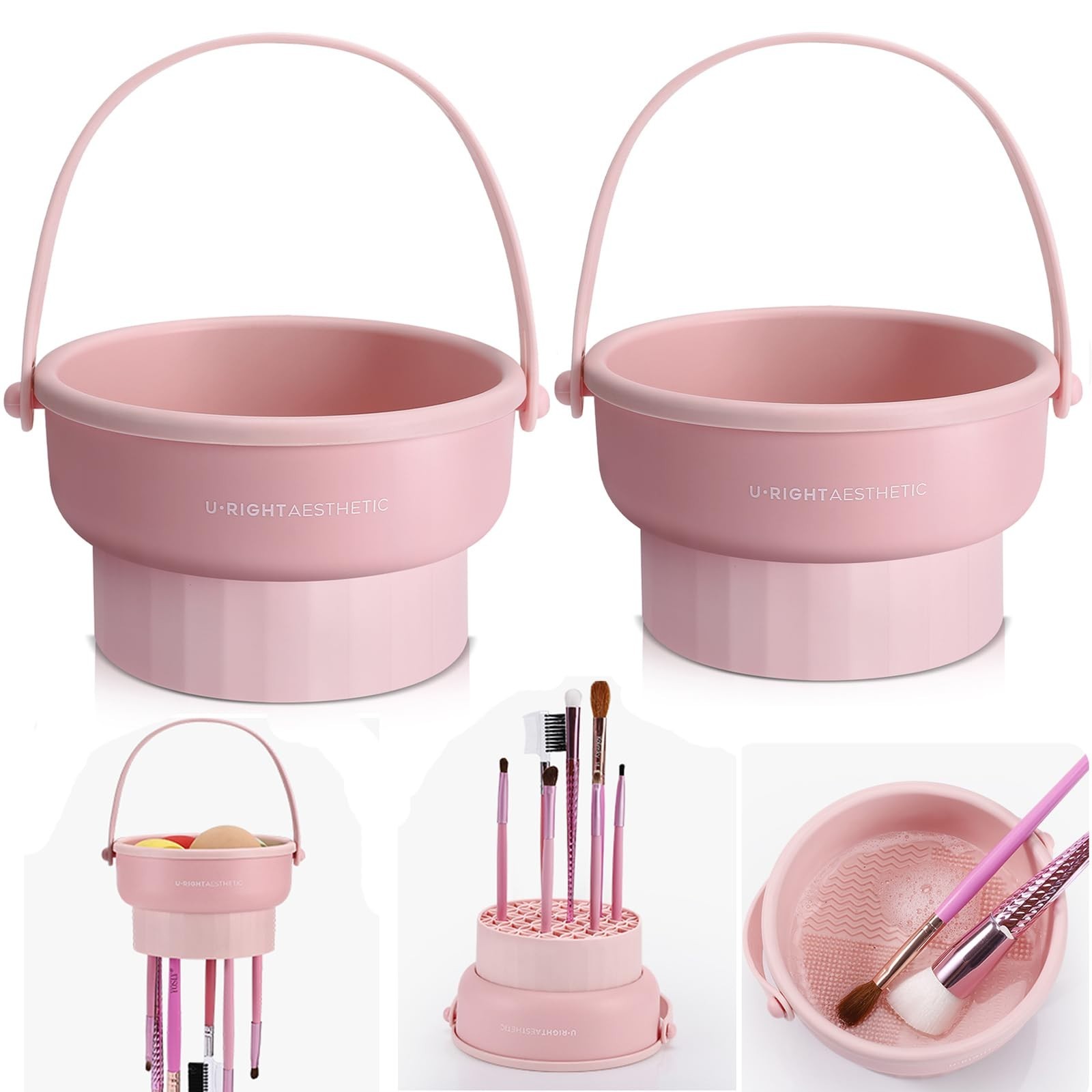 2 Pack Silicone Makeup Brush Cleaner Mat & Bowl – 3 in 1 Scrubber Tool, Pink