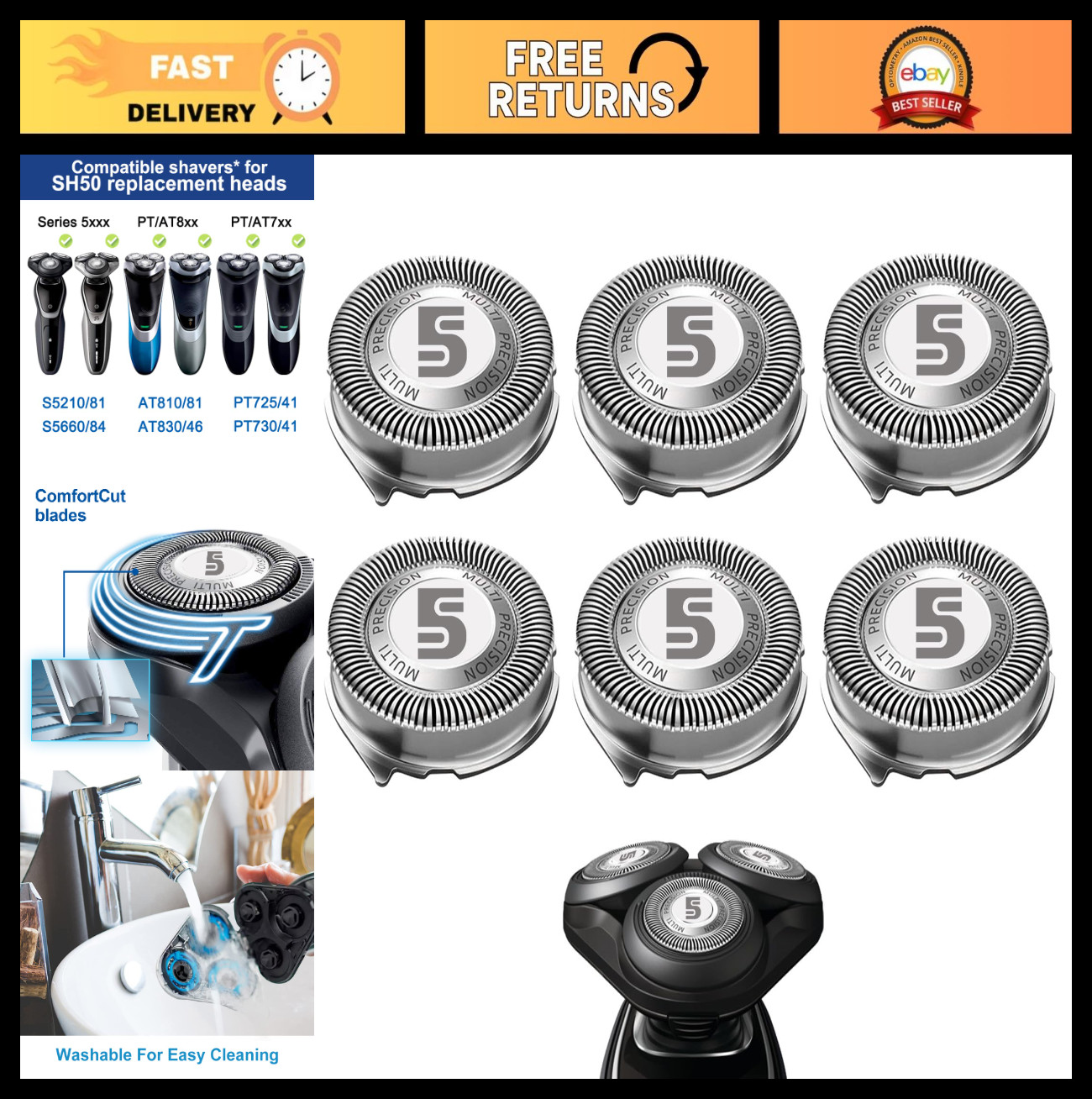 Replacement Heads for Philips Norelco 5000 Shaver – 6 Pack Compatible Blades SH5
