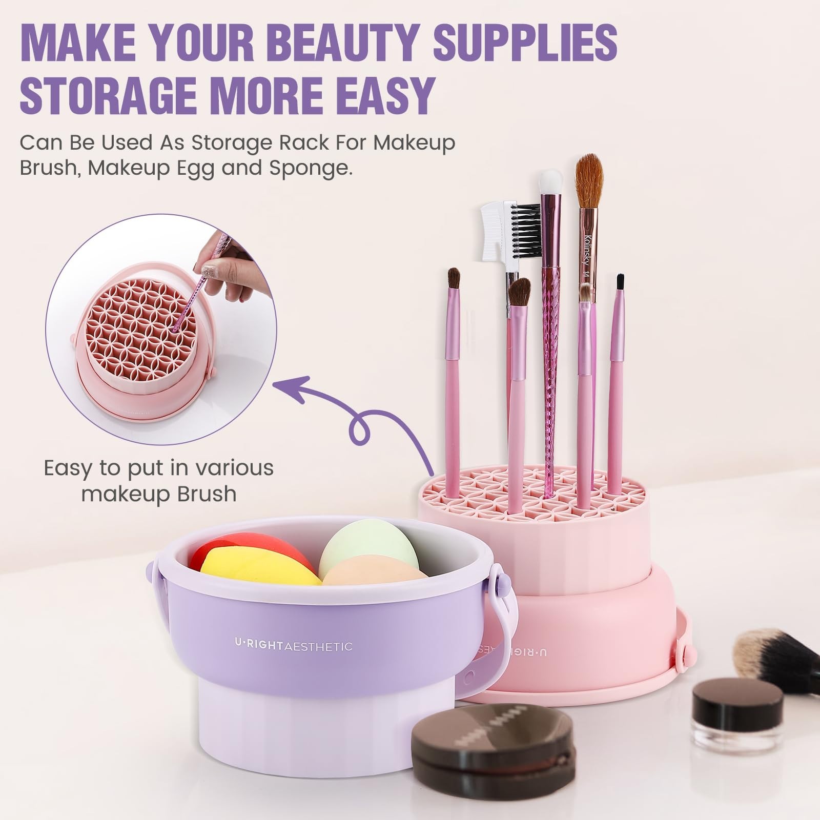 2 Pack Silicone Makeup Brush Cleaner Mat & Bowl – 3 in 1 Scrubber Tool, Pink