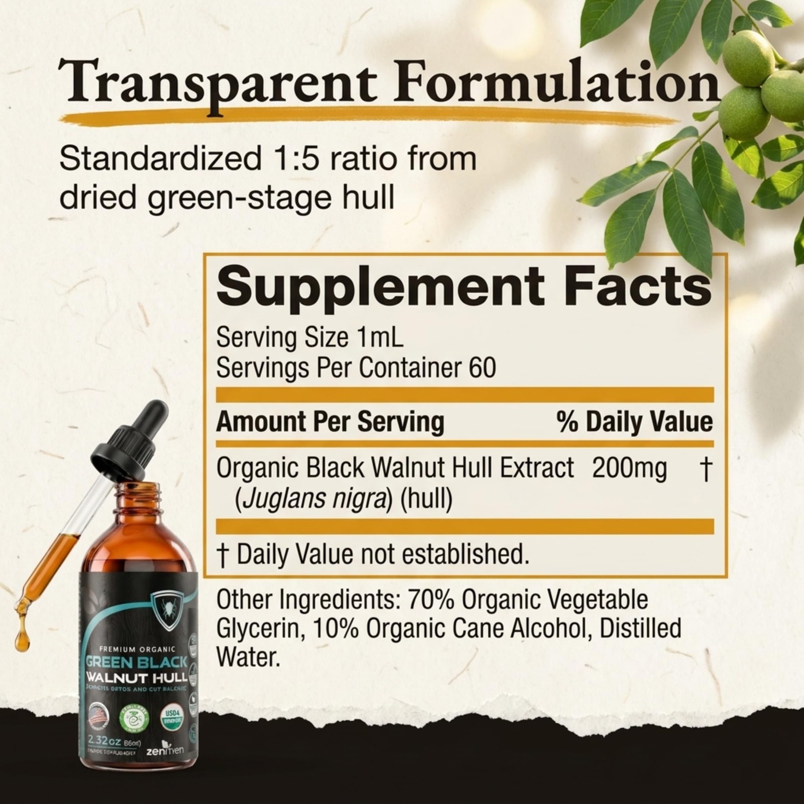 Organic Green Black Walnut Hull Tincture – 2.32 Fl Oz (Pack of 1)