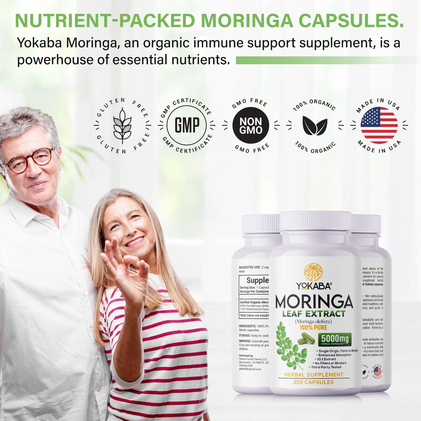 250 Capsules Moringa Oleifera Leaf Powder 5000mg – Organic Herbal Extract YOKABA