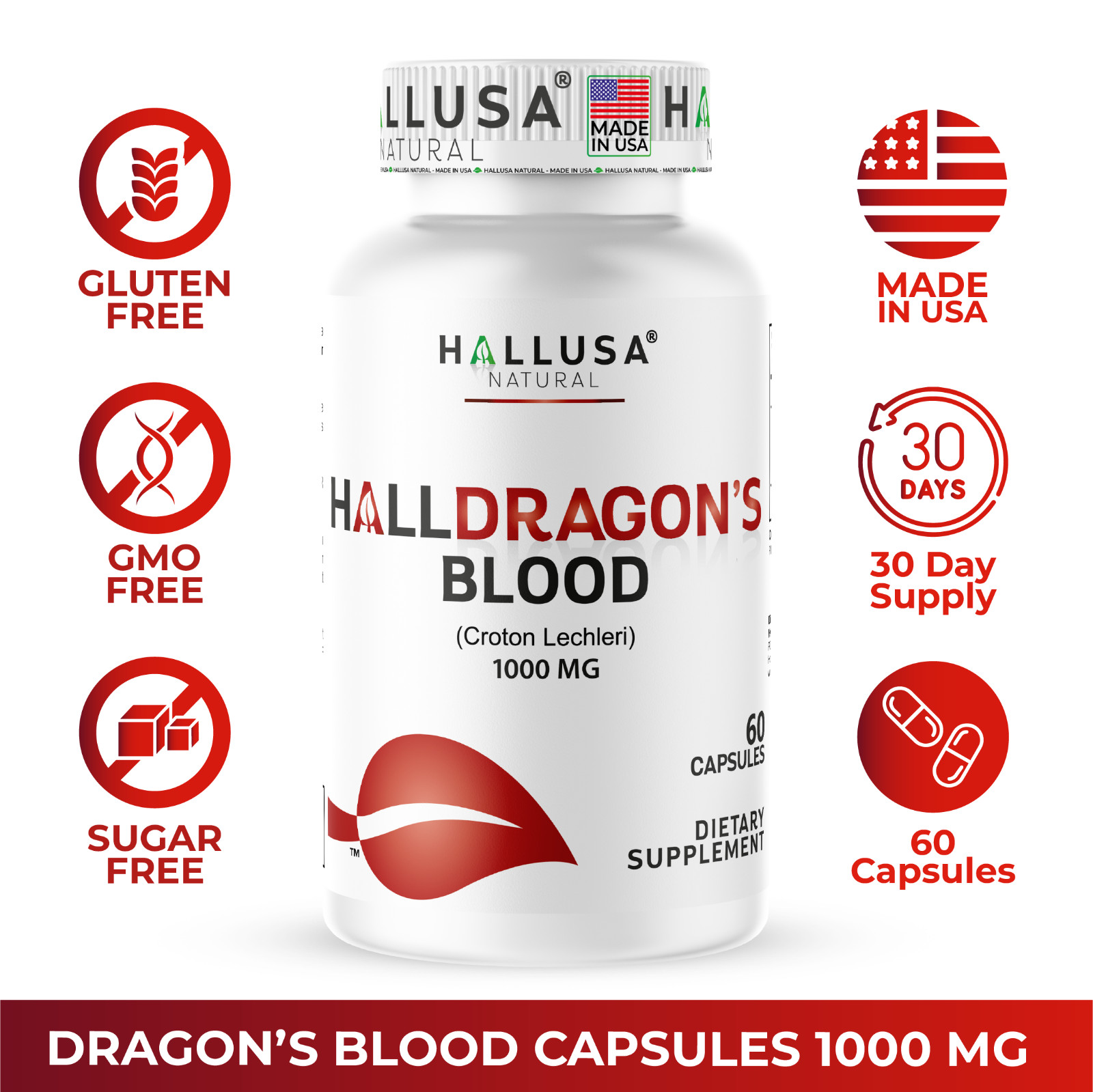 Hallusa Natural Dragon’s Blood capsules 1000mg – Croton Lechleri – 60 Count