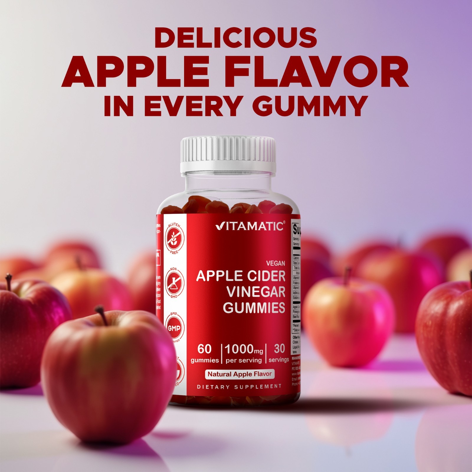 2 Pack Vitamatic Apple Cider Vinegar Gummies 1000mg per Serving – 60 Veg Gummies