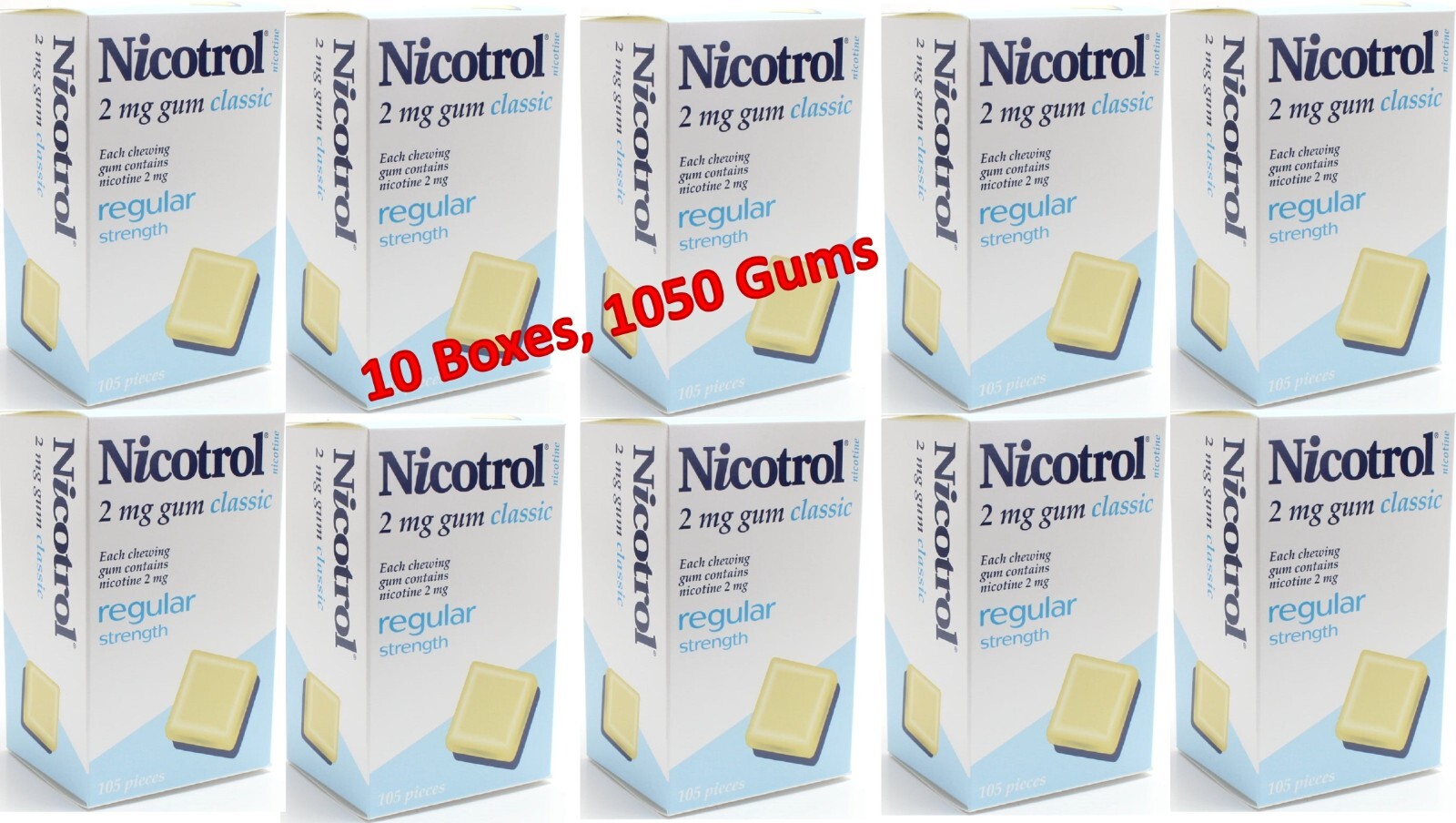 Nicotrol Nicotine Gum 2mg Classic. 10 Boxes of 105 Gums. Total 1050. Exp 02/2025