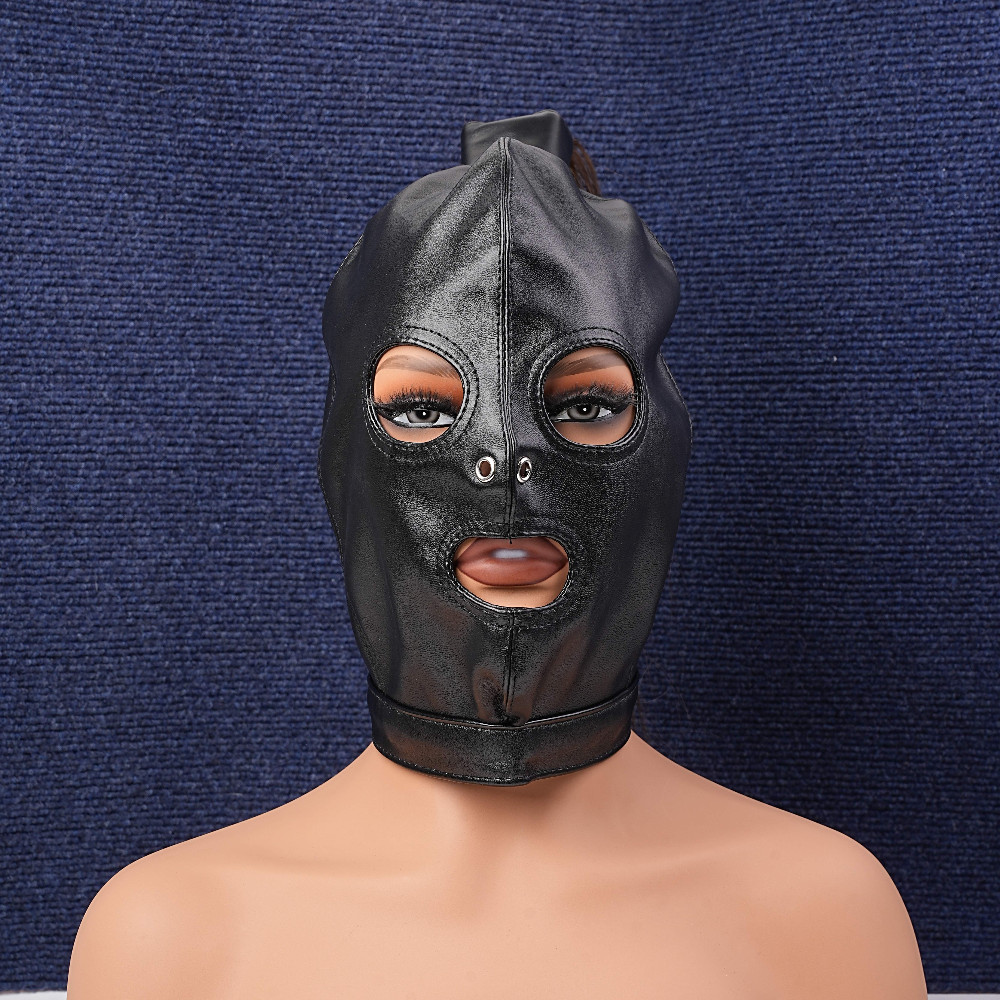 Adult Unisex PU Leather Gimp Head Harness Headgear Hood Party Mask Ponytail Wigs