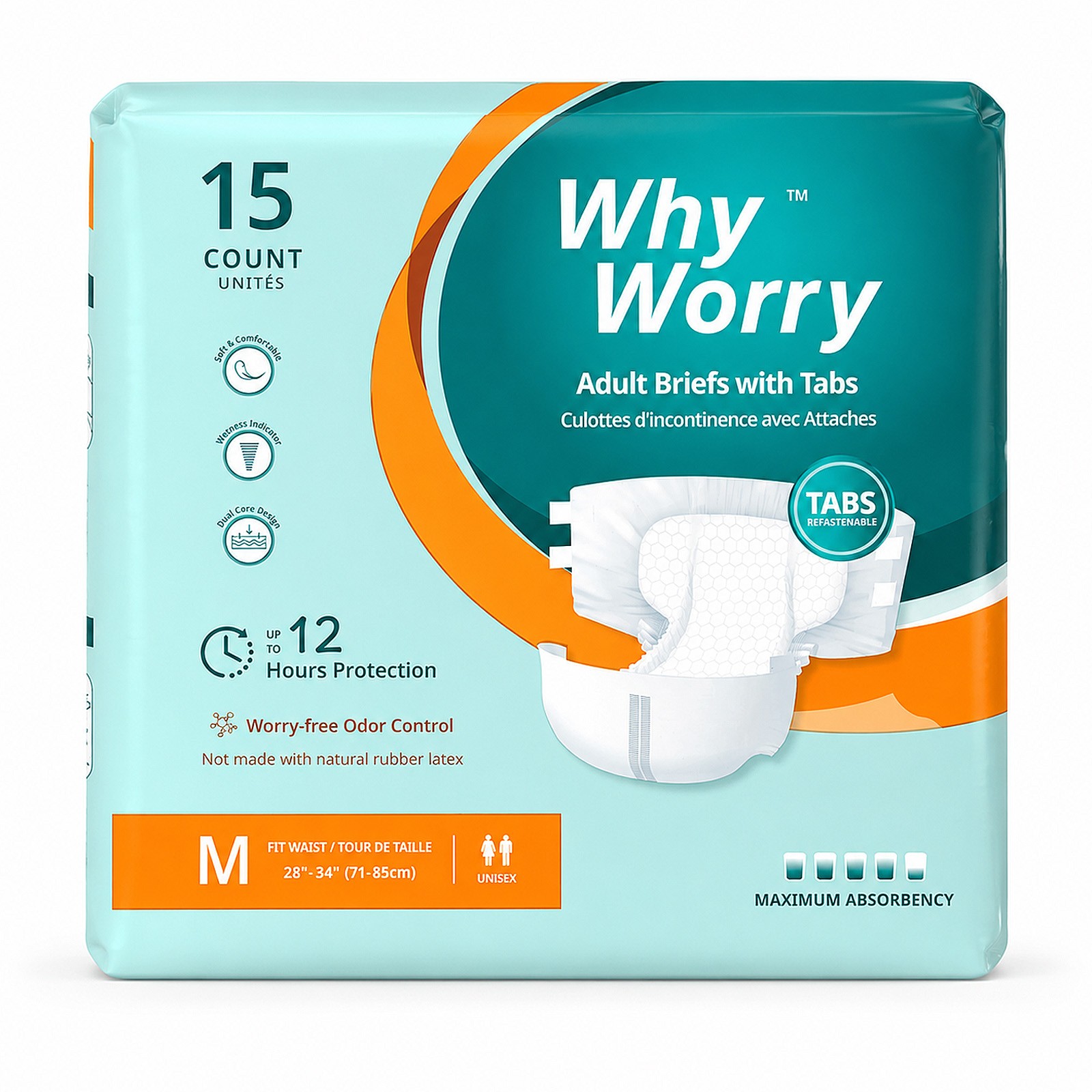WhyWorry Disposable Adult Unisex Diapers with Tabs, Max Absorb, Medium, 15 Count