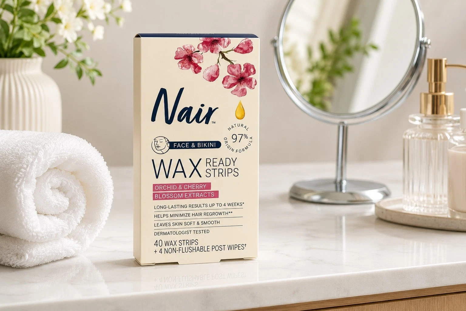 Nair Face Bikini Wax Ready Strips Orchid Cherry Blossom 40ct Hair Removal Kit